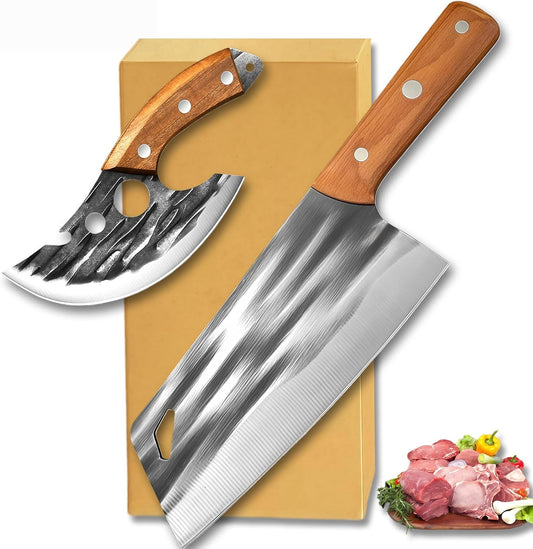 2PCS Hand Forged Kitchen Knife Set, Solid Wooden Handle High Carbon Steel Meat Cleaver & Ulu Knife with Sheath, Multipurpose Chef Knife for Meat Cutting&Vegetable, Home Kitchen Restaurant Cooking BBQ