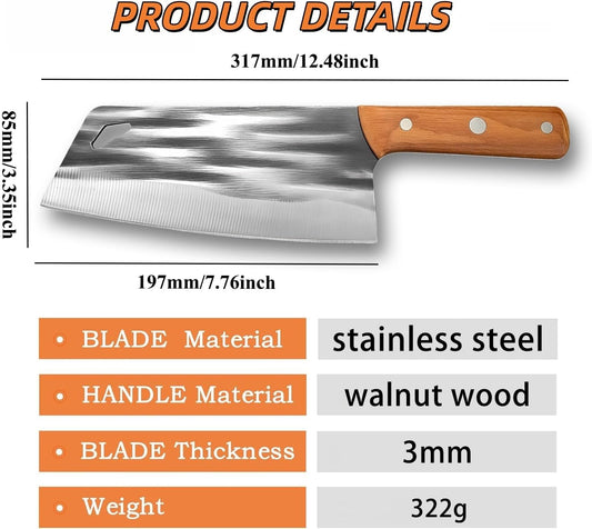 2PCS Hand Forged Kitchen Knife Set, Solid Wooden Handle High Carbon Steel Meat Cleaver & Ulu Knife with Sheath, Multipurpose Chef Knife for Meat Cutting&Vegetable, Home Kitchen Restaurant Cooking BBQ