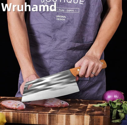 2PCS Hand Forged Kitchen Knife Set, Solid Wooden Handle High Carbon Steel Meat Cleaver & Ulu Knife with Sheath, Multipurpose Chef Knife for Meat Cutting&Vegetable, Home Kitchen Restaurant Cooking BBQ