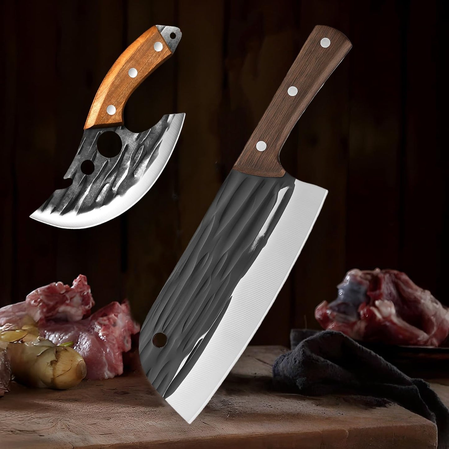 2PCS Hand Forged Kitchen Knife Set, Solid Wooden Handle High Carbon Steel Meat Cleaver & Ulu Knife with Sheath, Multipurpose Chef Knife for Meat Cutting&Vegetable, Home Kitchen Restaurant Cooking BBQ