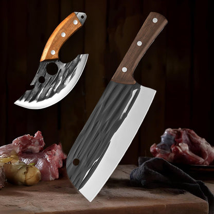 2PCS Hand Forged Kitchen Knife Set, Solid Wooden Handle High Carbon Steel Meat Cleaver & Ulu Knife with Sheath, Multipurpose Chef Knife for Meat Cutting&Vegetable, Home Kitchen Restaurant Cooking BBQ