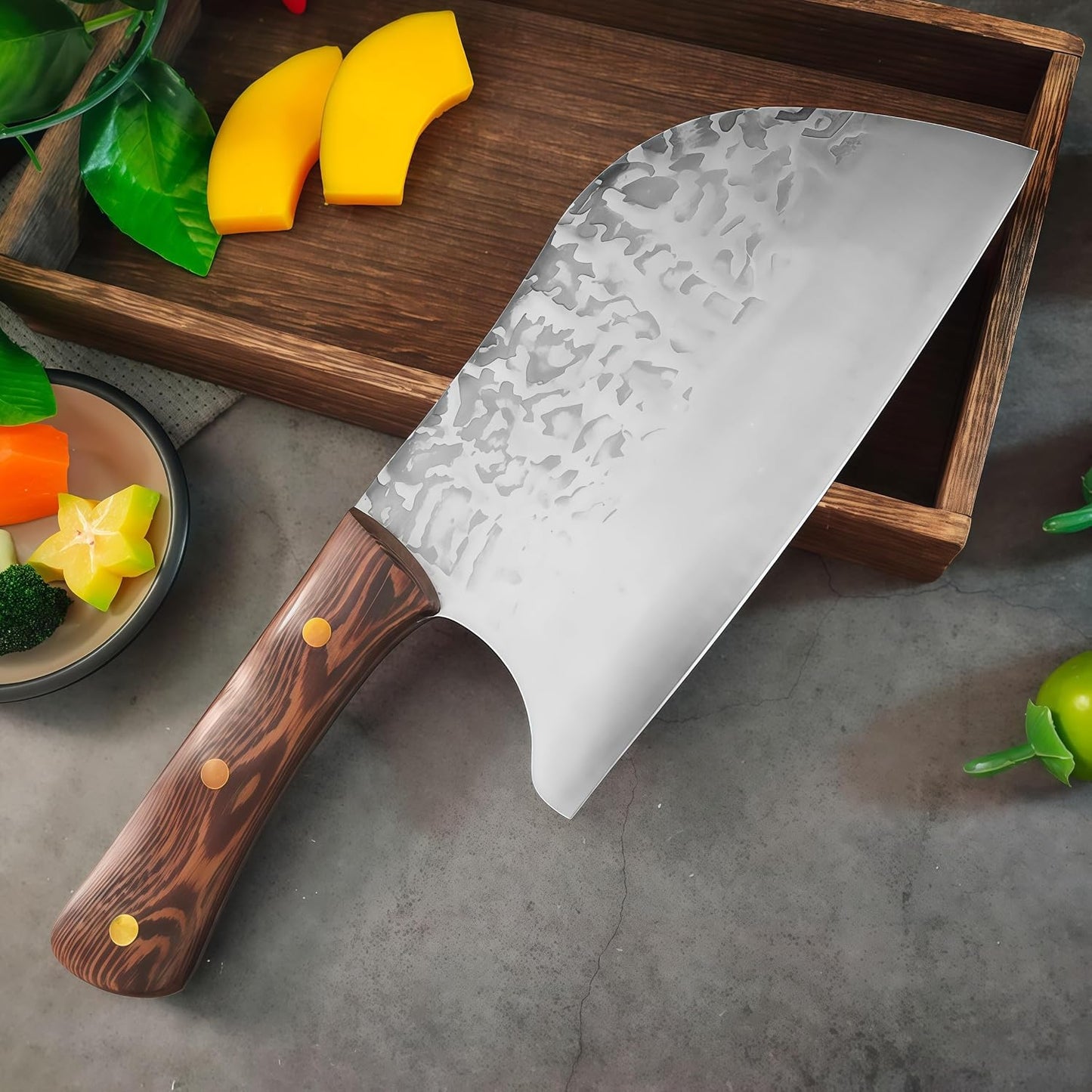 2PCS Hand Forged Kitchen Knife Set, Solid Wooden Handle High Carbon Steel Meat Cleaver & Ulu Knife with Sheath, Multipurpose Chef Knife for Meat Cutting&Vegetable, Home Kitchen Restaurant Cooking BBQ