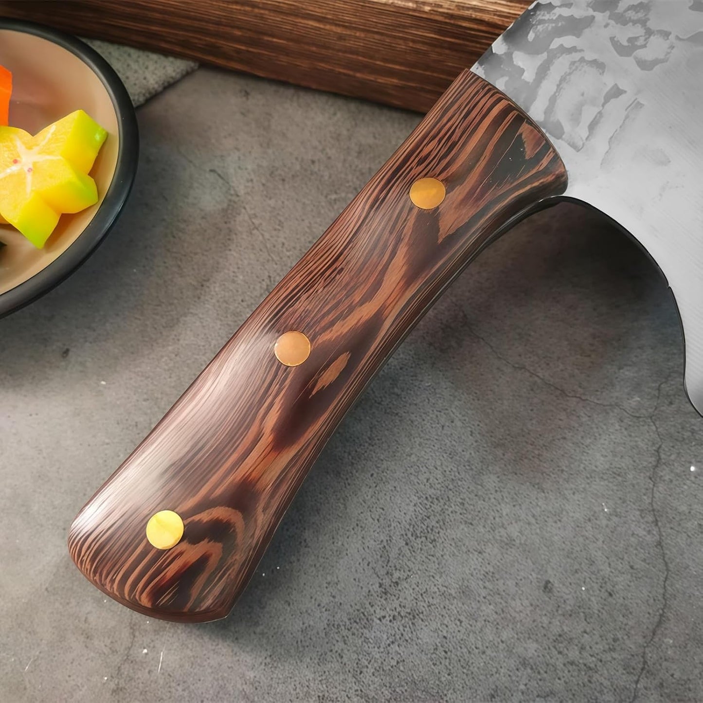 2PCS Hand Forged Kitchen Knife Set, Solid Wooden Handle High Carbon Steel Meat Cleaver & Ulu Knife with Sheath, Multipurpose Chef Knife for Meat Cutting&Vegetable, Home Kitchen Restaurant Cooking BBQ