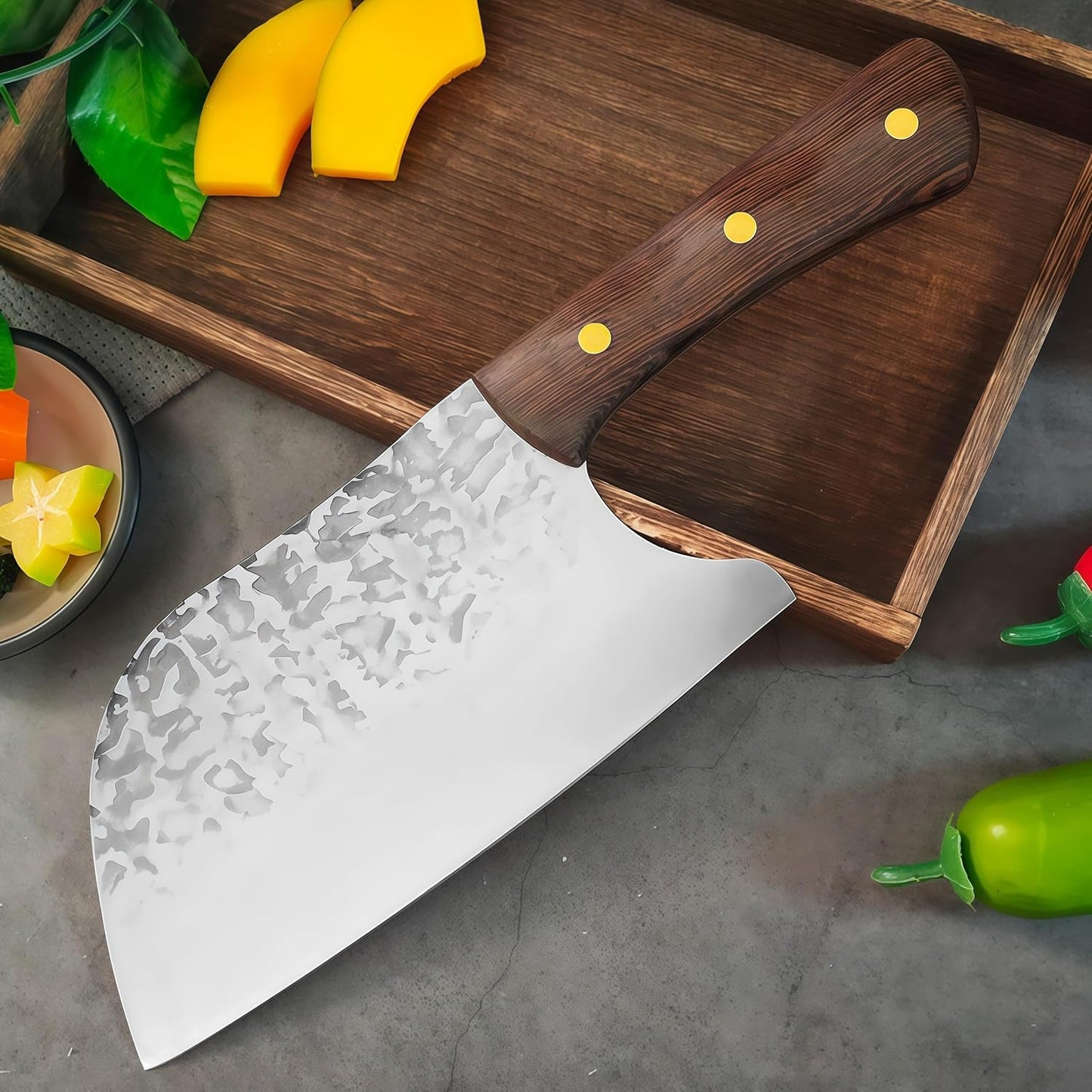 2PCS Hand Forged Kitchen Knife Set, Solid Wooden Handle High Carbon Steel Meat Cleaver & Ulu Knife with Sheath, Multipurpose Chef Knife for Meat Cutting&Vegetable, Home Kitchen Restaurant Cooking BBQ