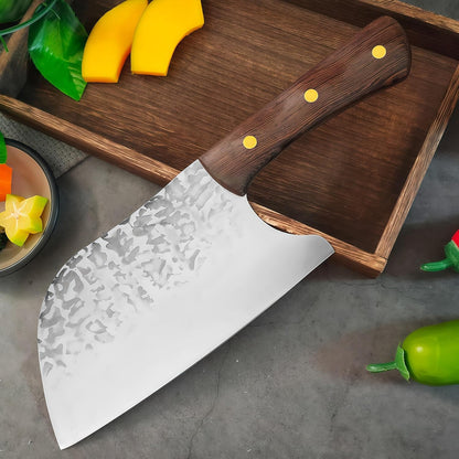 2PCS Hand Forged Kitchen Knife Set, Solid Wooden Handle High Carbon Steel Meat Cleaver & Ulu Knife with Sheath, Multipurpose Chef Knife for Meat Cutting&Vegetable, Home Kitchen Restaurant Cooking BBQ