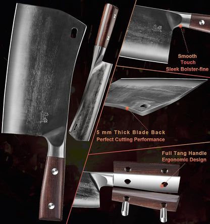 7.5″ Cleaver Knife, Chef’s Knives – Hand Forged, German High Carbon Stainless Steel Butcher Knife with Full Tang Handle for Home Kitchen & Restaurant