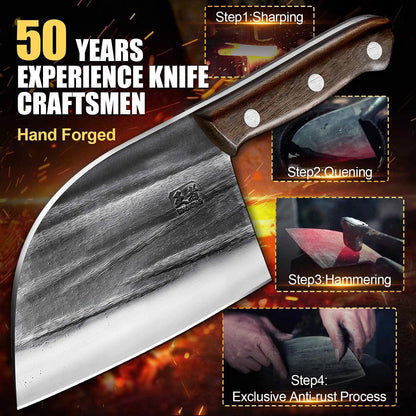 7.5″ Cleaver Knife, Chef’s Knives – Hand Forged, German High Carbon Stainless Steel Butcher Knife with Full Tang Handle for Home Kitchen & Restaurant