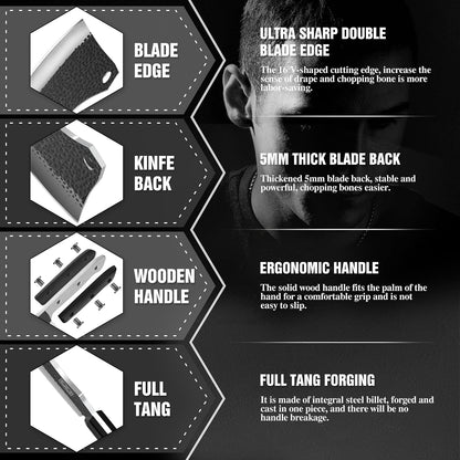 7.5″ Cleaver Knife, Chef’s Knives – Hand Forged, German High Carbon Stainless Steel Butcher Knife with Full Tang Handle for Home Kitchen & Restaurant