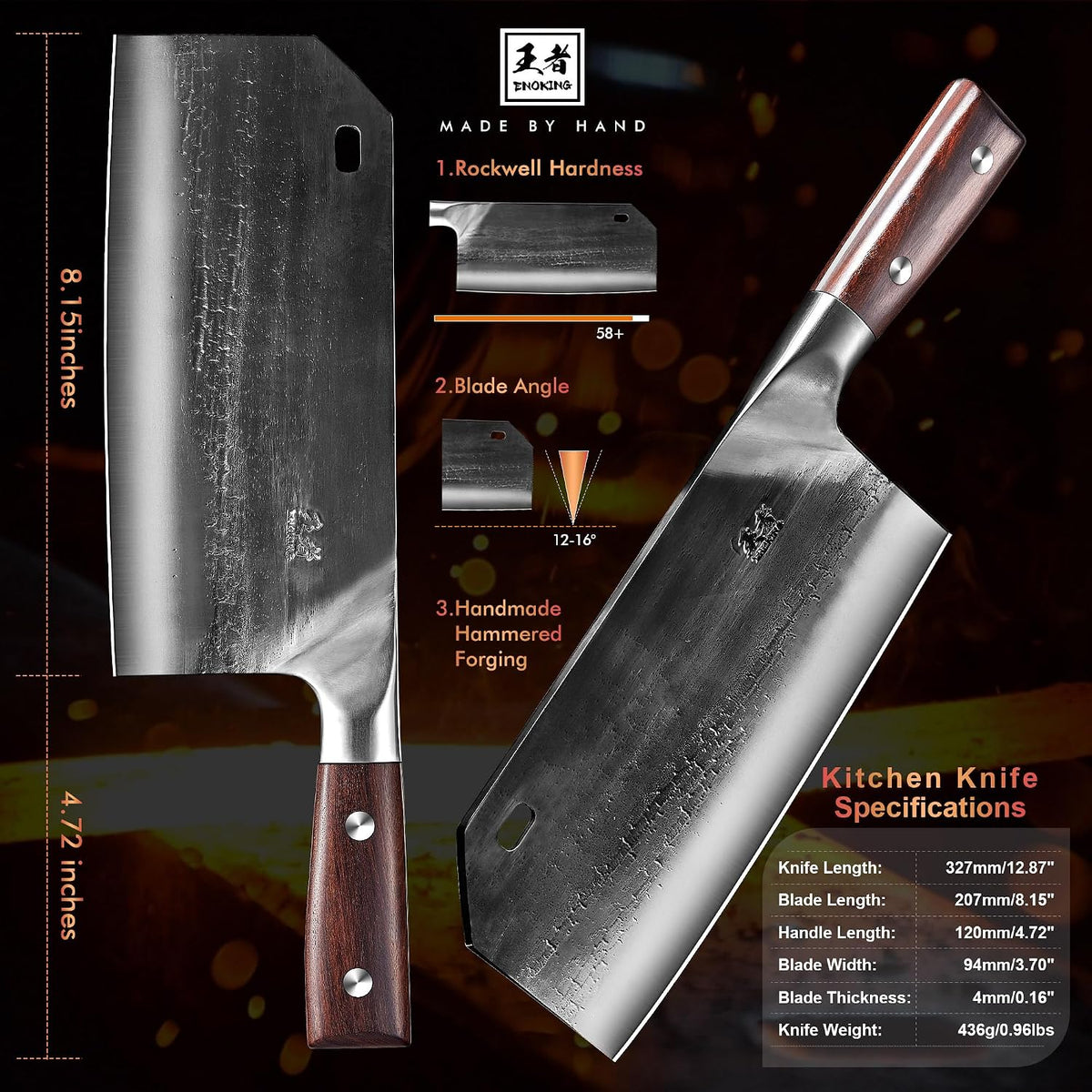 7.5″ Cleaver Knife, Chef’s Knives – Hand Forged, German High Carbon Stainless Steel Butcher Knife with Full Tang Handle for Home Kitchen & Restaurant