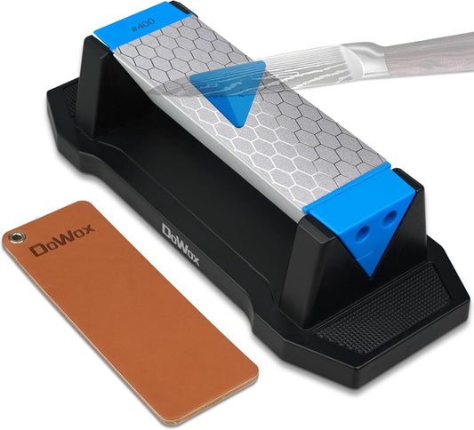 Diamond Sharpening Stone Kit, 3 Side Grit 400/1000/8000 Knife Sharpener for Sharp Blade, Premium Diamond & Ceramic Whetstone with Angle Guide, Non-Slip Base & Leather Strop
