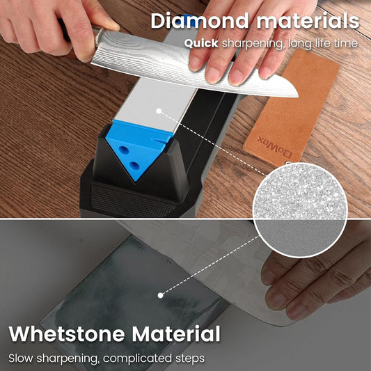 Diamond Sharpening Stone Kit, 3 Side Grit 400/1000/8000 Knife Sharpener for Sharp Blade, Premium Diamond & Ceramic Whetstone with Angle Guide, Non-Slip Base & Leather Strop