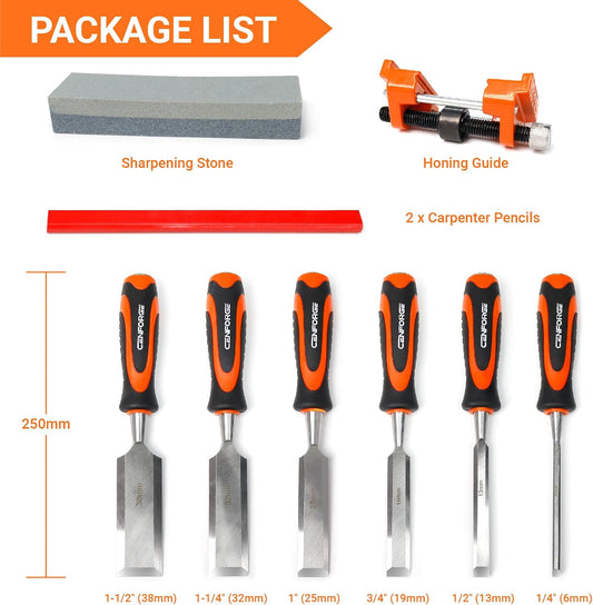 10-Piece Wood Chisel Set for Woodworking - Professional Cr-V Steel Bevel Edge Chisels (1/4" to 1-1/2") with Honing Guide, Sharpening Stone & Case - Heavy Duty Carving Tools for Carpenters