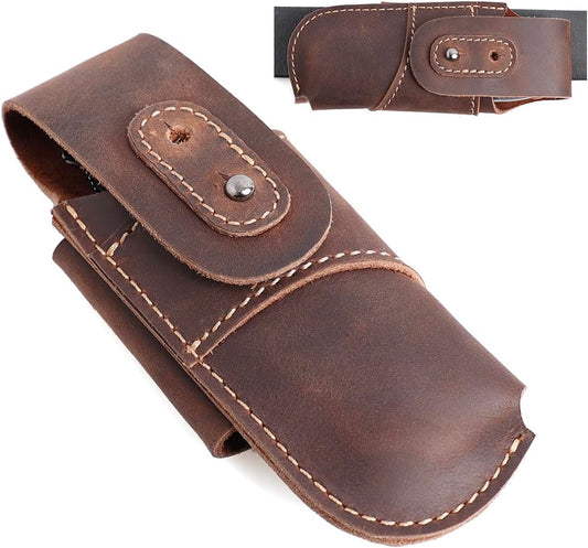 Leather Pocket Knife Sheath - Belt Loop EDC Belt Organizer - Horizontal Carry Knife Holder- Multitool Sheath with Two Snap Closure for Folding Knife, Darkbrown