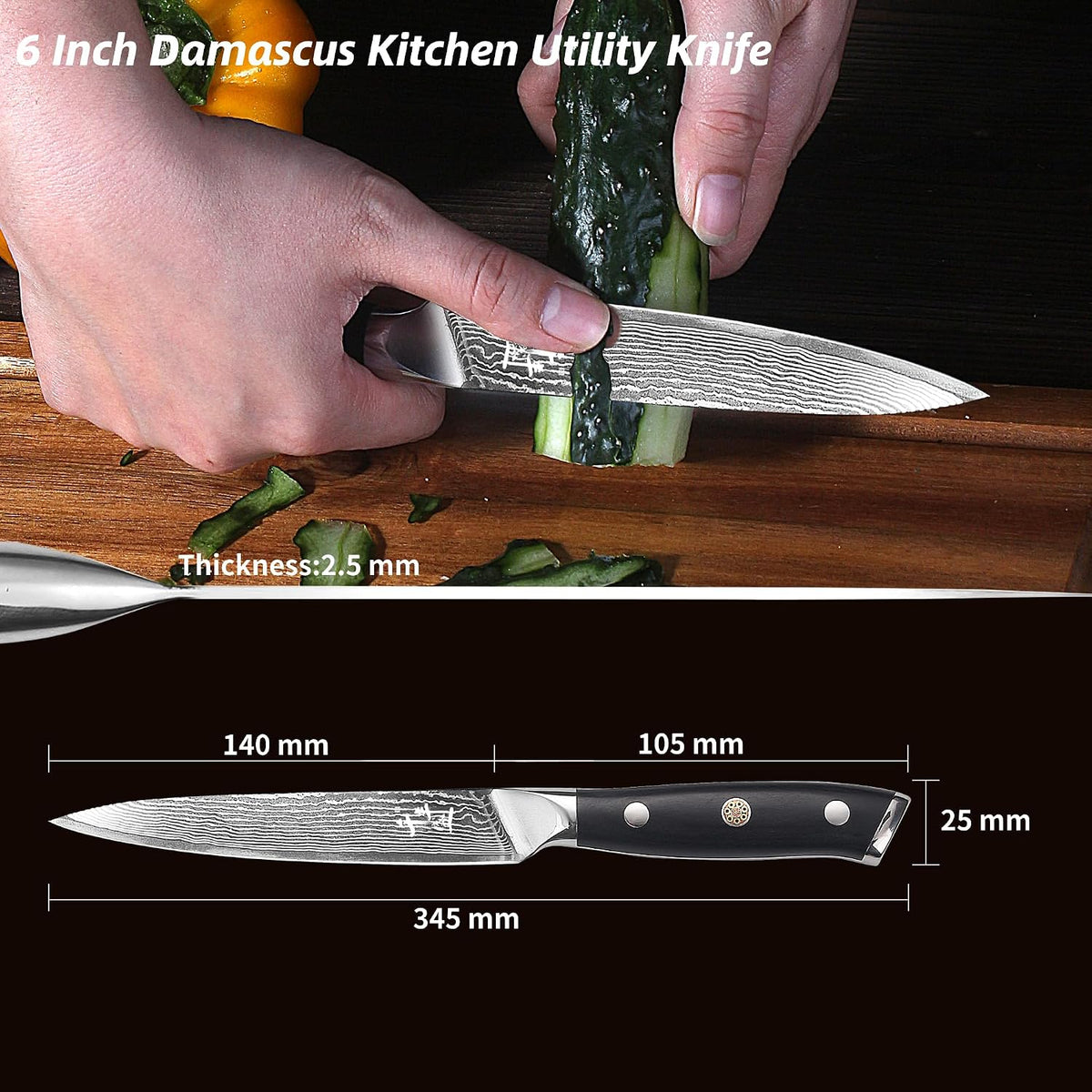 Damascus Kitchen Utility Knife, 5.5" Paring Knife VG10 Damascus Stainless Steel, 67-Layer Forged Blade, Perfect for Peeling, Slicing & Trimming