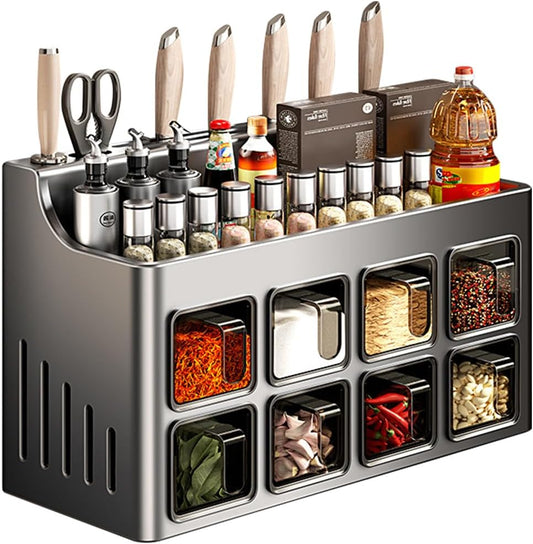 Multifunctional Spice Rack Organizer Wall Mounted with Knife Holder Kitchen Hanging Seasoning Jar Organization (8 Boxes)
