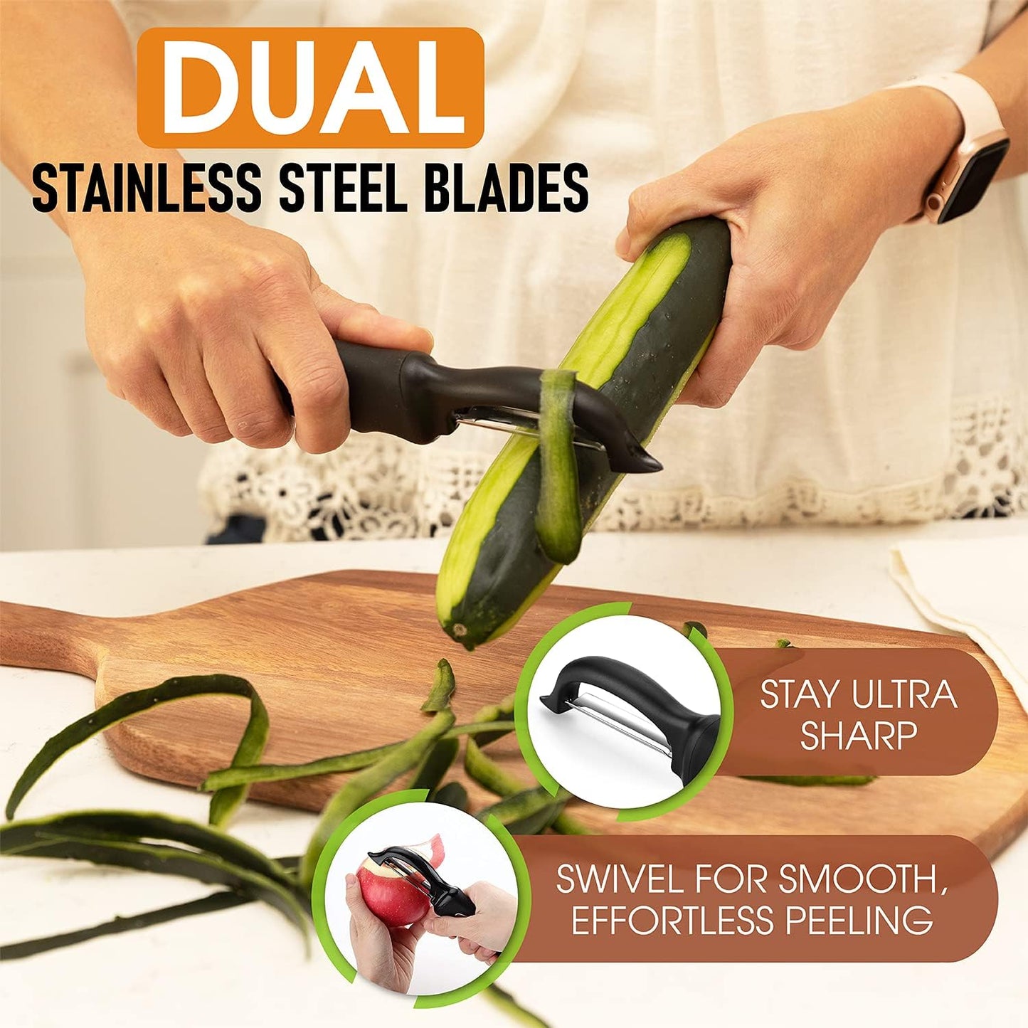 Swivel Vegetable Peeler for Kitchen w/Soft Grip Handle, Black | Premium Potato Peeler w/ Ultra Sharp Stainless Steel Blades, Multifunctional Veggie Peeler for Apple, Carrot, Cucumber, Fruit