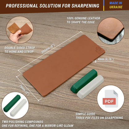 Leather Strop Kit for Knife Sharpening - Knife Strop Block 8" x 3" - Stropping Leather Kit LS2P11 with Green-Gray & White Polishing Compound - Knives Sharpener and Buffing Compounds