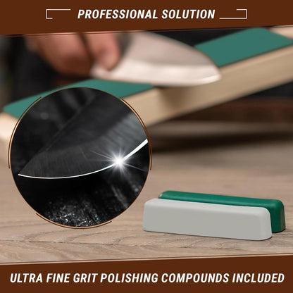 Leather Strop Kit for Knife Sharpening - Knife Strop Block 8" x 3" - Stropping Leather Kit LS2P11 with Green-Gray & White Polishing Compound - Knives Sharpener and Buffing Compounds