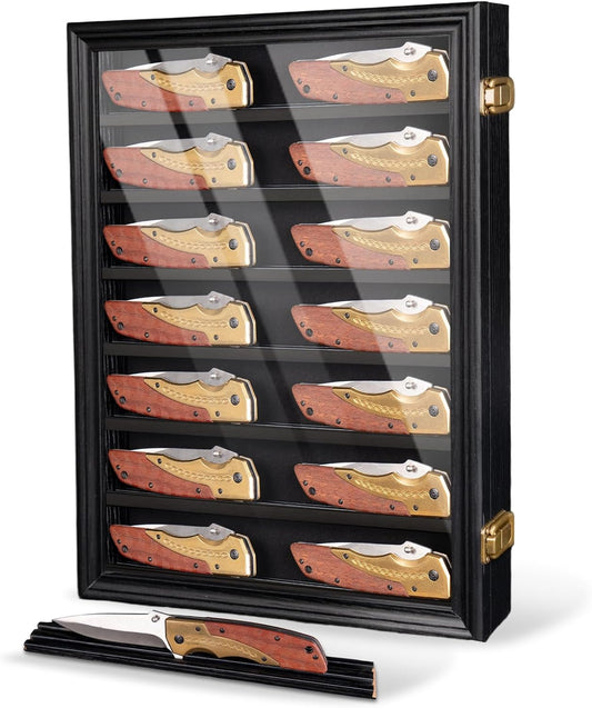 7 Row Knife Display Case for Wall Wooden Folding Knife Storage Stand with HD Tempered Glass & Removable Shelves Military Knife Organizer for Collections - Black