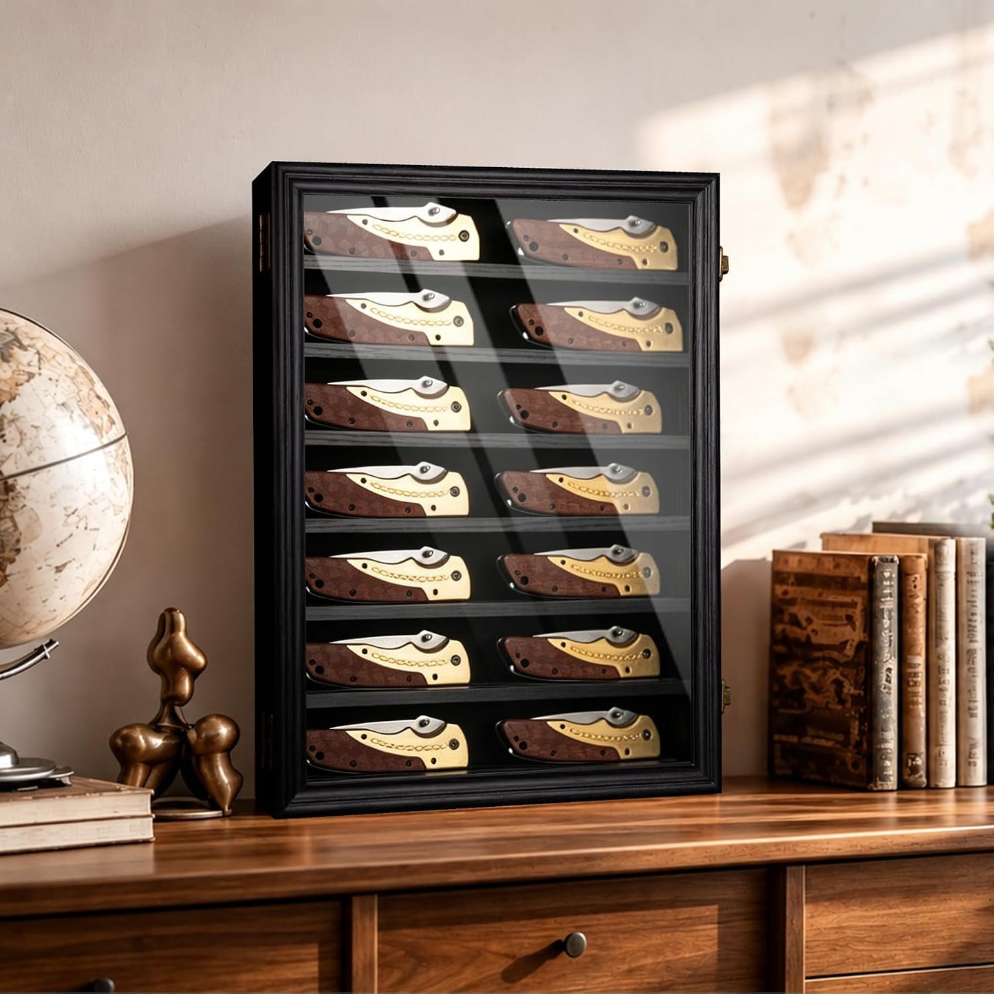 7 Row Knife Display Case for Wall Wooden Folding Knife Storage Stand with HD Tempered Glass & Removable Shelves Military Knife Organizer for Collections - Black