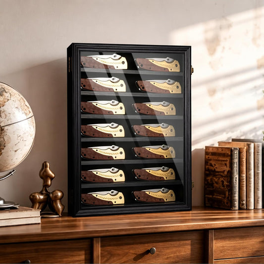 7 Row Knife Display Case for Wall Wooden Folding Knife Storage Stand with HD Tempered Glass & Removable Shelves Military Knife Organizer for Collections - Black