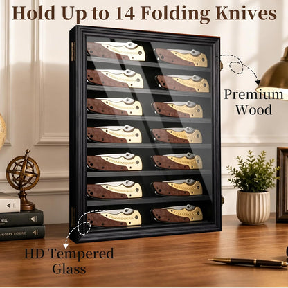 7 Row Knife Display Case for Wall Wooden Folding Knife Storage Stand with HD Tempered Glass & Removable Shelves Military Knife Organizer for Collections - Black