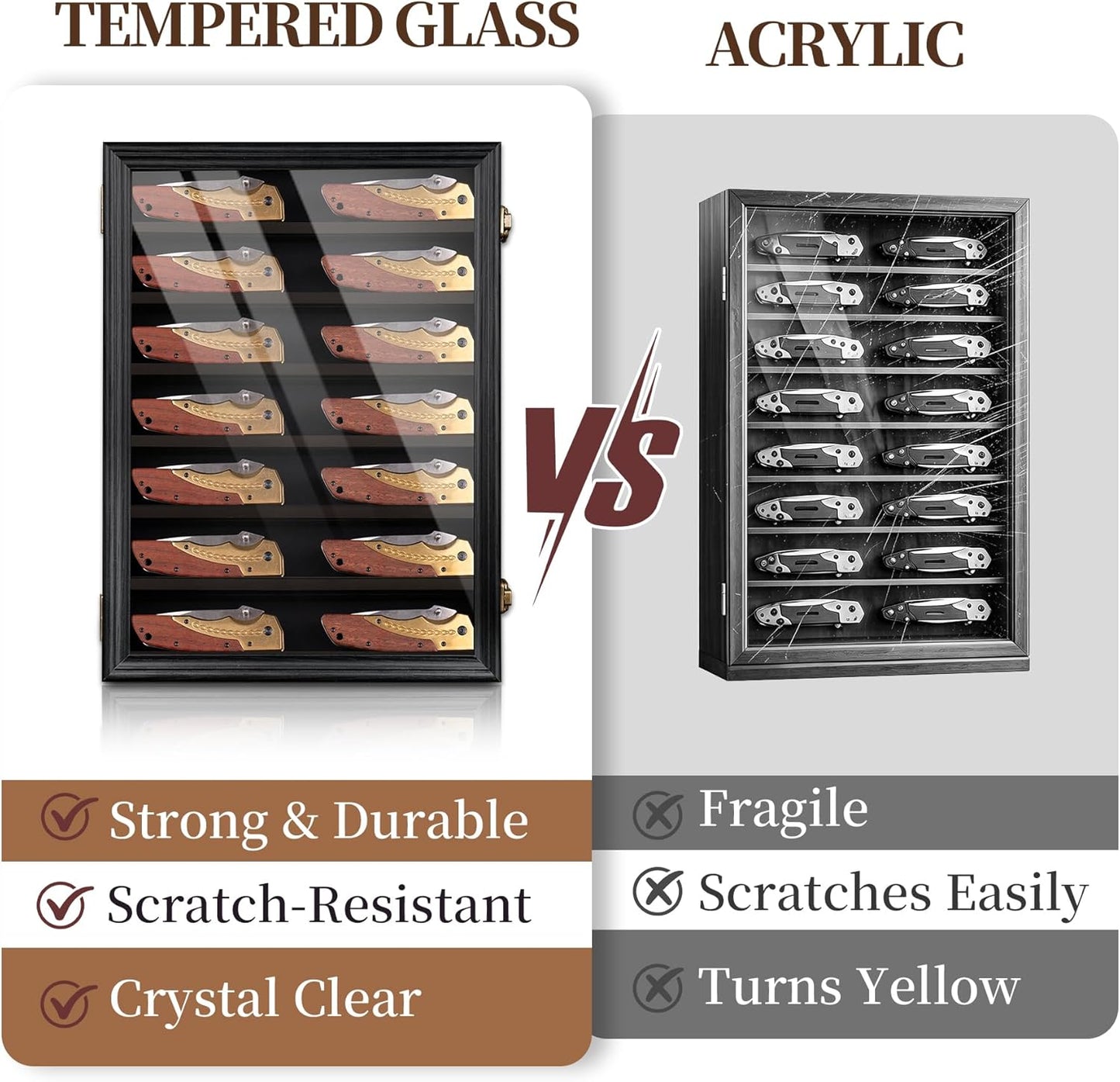 7 Row Knife Display Case for Wall Wooden Folding Knife Storage Stand with HD Tempered Glass & Removable Shelves Military Knife Organizer for Collections - Black