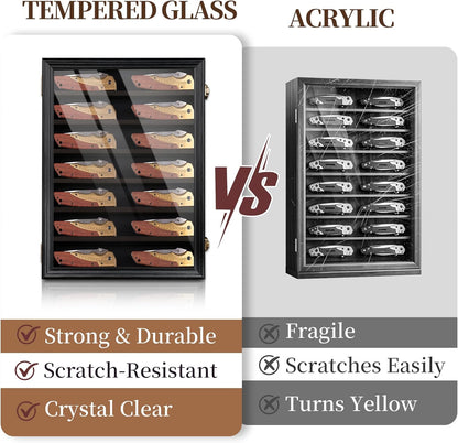 7 Row Knife Display Case for Wall Wooden Folding Knife Storage Stand with HD Tempered Glass & Removable Shelves Military Knife Organizer for Collections - Black