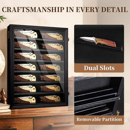 7 Row Knife Display Case for Wall Wooden Folding Knife Storage Stand with HD Tempered Glass & Removable Shelves Military Knife Organizer for Collections - Black