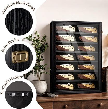 7 Row Knife Display Case for Wall Wooden Folding Knife Storage Stand with HD Tempered Glass & Removable Shelves Military Knife Organizer for Collections - Black