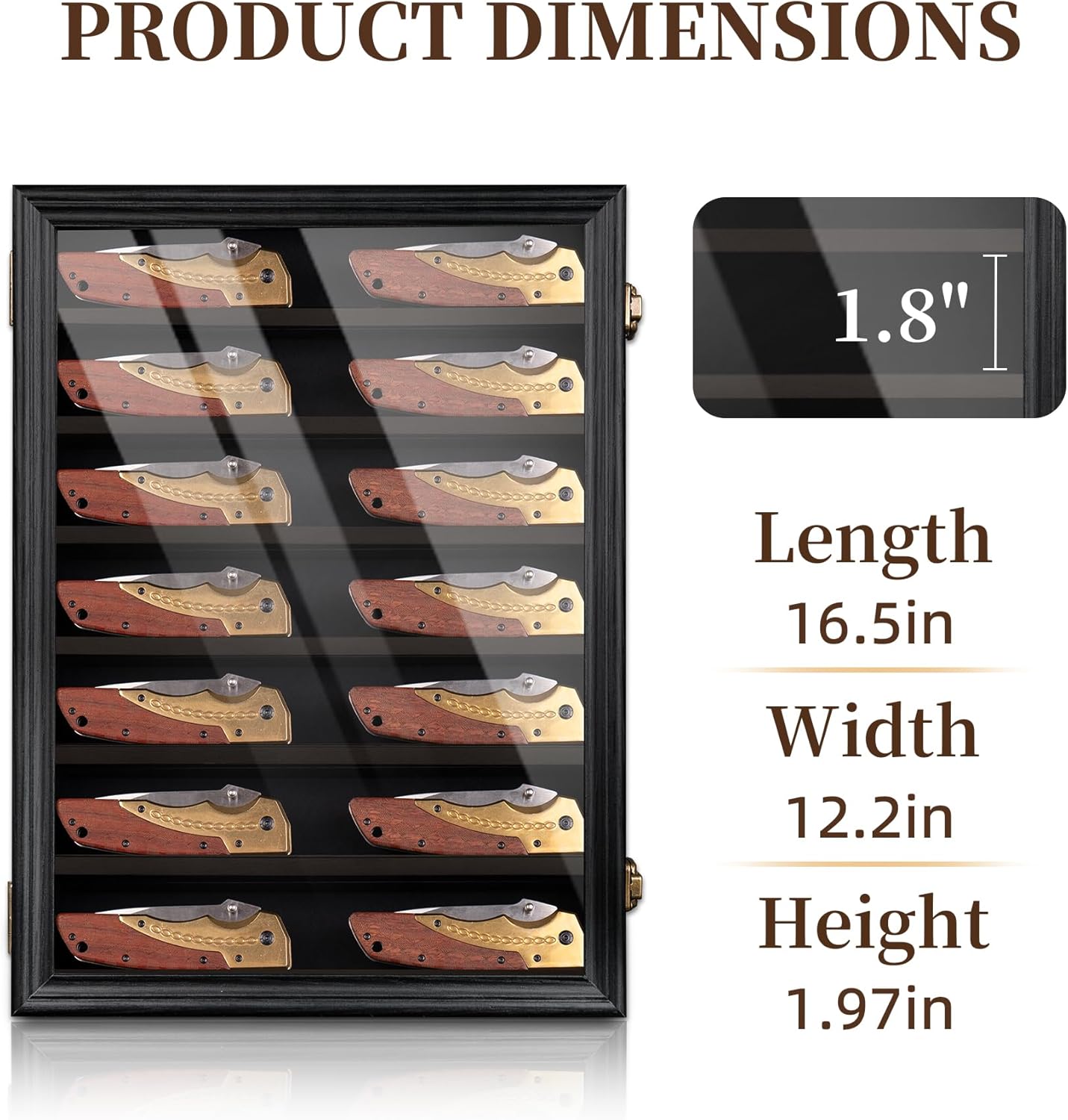 7 Row Knife Display Case for Wall Wooden Folding Knife Storage Stand with HD Tempered Glass & Removable Shelves Military Knife Organizer for Collections - Black