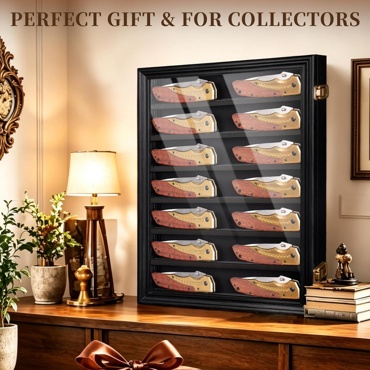 7 Row Knife Display Case for Wall Wooden Folding Knife Storage Stand with HD Tempered Glass & Removable Shelves Military Knife Organizer for Collections - Black