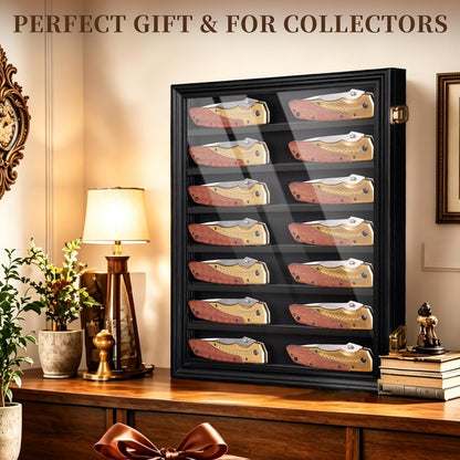 7 Row Knife Display Case for Wall Wooden Folding Knife Storage Stand with HD Tempered Glass & Removable Shelves Military Knife Organizer for Collections - Black