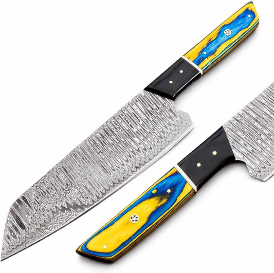 Damascus Steel Bunka Chef Knife, 13 Inch, Blue & Yellow Pakkawood Handle, Forged, with Leather Sheath
