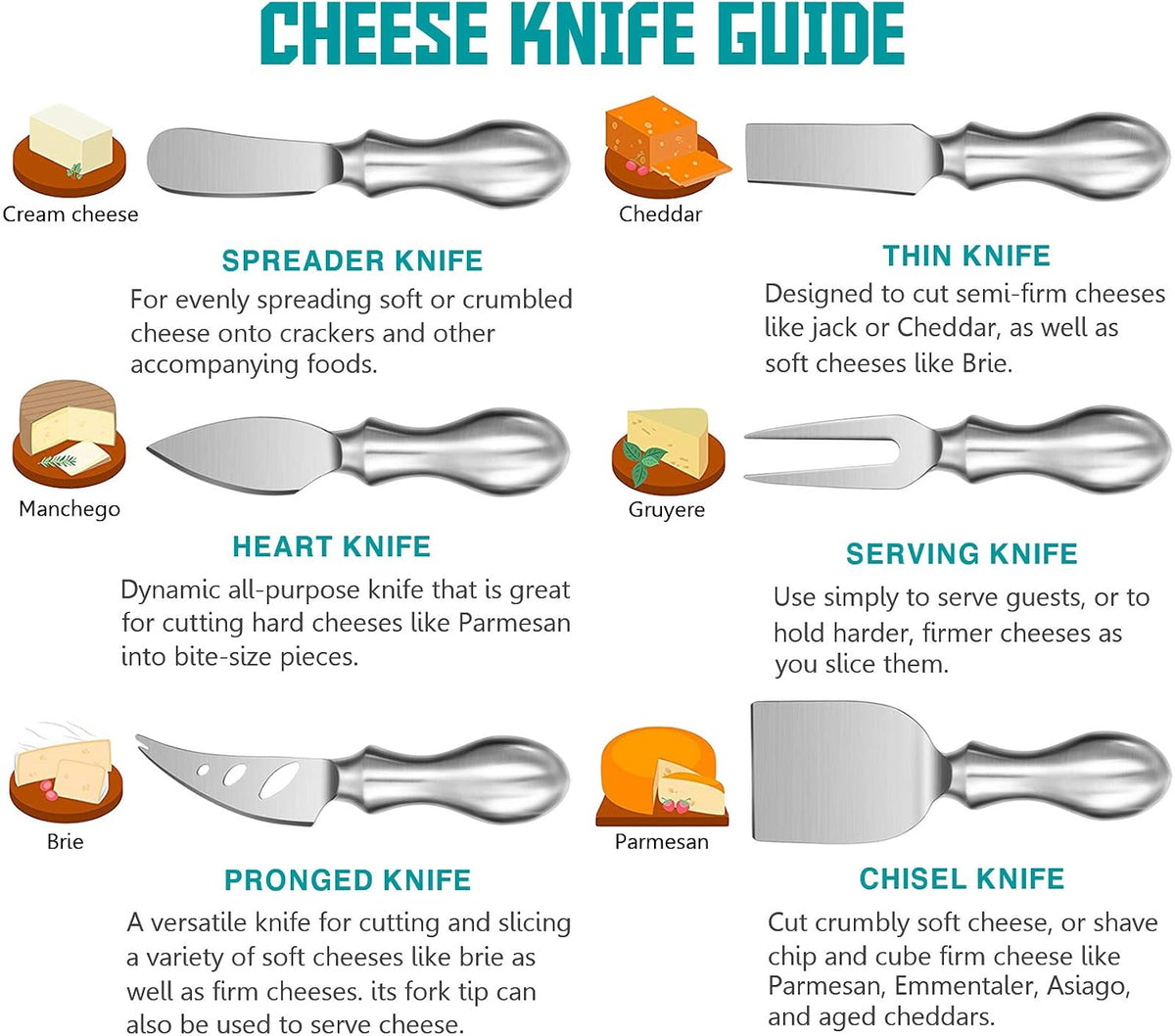 Cheese Knife Set, 6-Piece Stainless Steel Knives for Charcuterie, Gift for Wedding Housewarming Christmas