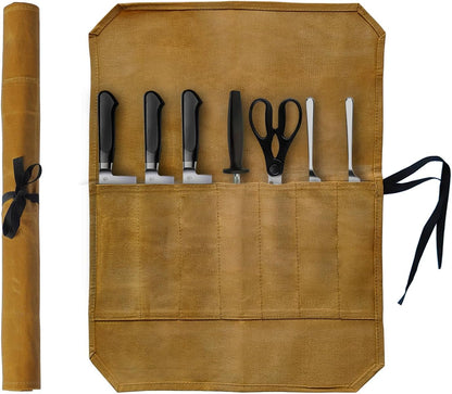 Knife Roll Bag, Waxed Canvas Chef's Knife Roll Bag with 7 Slots, Portable Knives Pouch Knife Storage Case Knife Carrier for Home Camping Picnic Chefs Cooking Lovers, Khaki(Bag Only)
