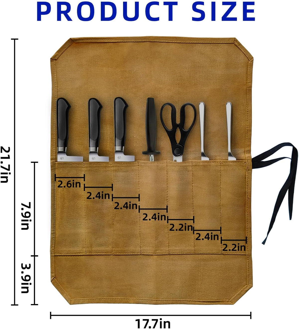 Knife Roll Bag, Waxed Canvas Chef's Knife Roll Bag with 7 Slots, Portable Knives Pouch Knife Storage Case Knife Carrier for Home Camping Picnic Chefs Cooking Lovers, Khaki(Bag Only)