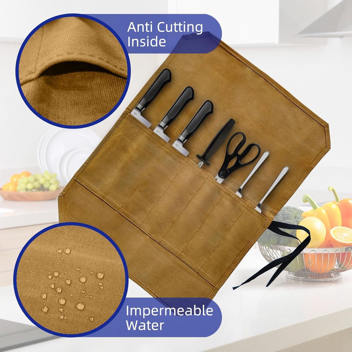 Knife Roll Bag, Waxed Canvas Chef's Knife Roll Bag with 7 Slots, Portable Knives Pouch Knife Storage Case Knife Carrier for Home Camping Picnic Chefs Cooking Lovers, Khaki(Bag Only)