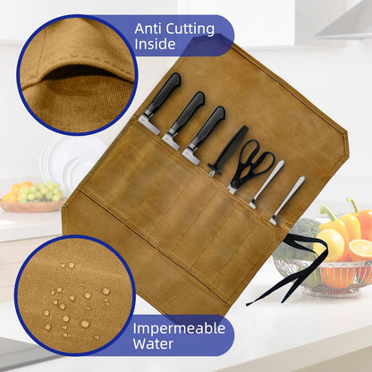 Knife Roll Bag, Waxed Canvas Chef's Knife Roll Bag with 7 Slots, Portable Knives Pouch Knife Storage Case Knife Carrier for Home Camping Picnic Chefs Cooking Lovers, Khaki(Bag Only)