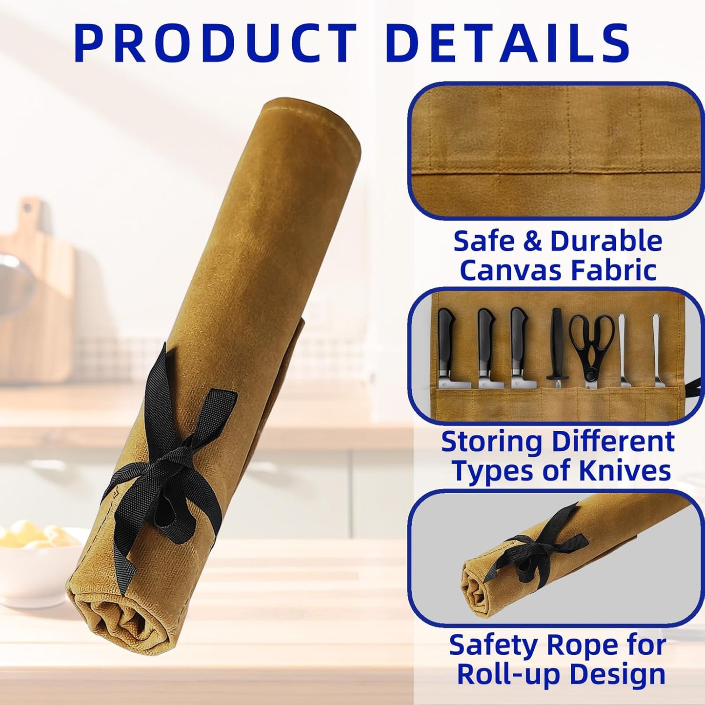 Knife Roll Bag, Waxed Canvas Chef's Knife Roll Bag with 7 Slots, Portable Knives Pouch Knife Storage Case Knife Carrier for Home Camping Picnic Chefs Cooking Lovers, Khaki(Bag Only)