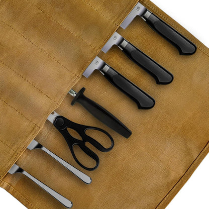 Knife Roll Bag, Waxed Canvas Chef's Knife Roll Bag with 7 Slots, Portable Knives Pouch Knife Storage Case Knife Carrier for Home Camping Picnic Chefs Cooking Lovers, Khaki(Bag Only)