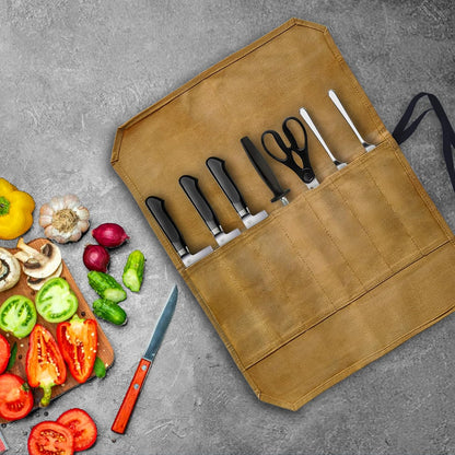 Knife Roll Bag, Waxed Canvas Chef's Knife Roll Bag with 7 Slots, Portable Knives Pouch Knife Storage Case Knife Carrier for Home Camping Picnic Chefs Cooking Lovers, Khaki(Bag Only)