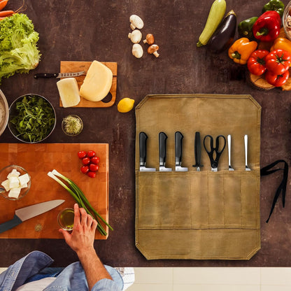 Knife Roll Bag, Waxed Canvas Chef's Knife Roll Bag with 7 Slots, Portable Knives Pouch Knife Storage Case Knife Carrier for Home Camping Picnic Chefs Cooking Lovers, Khaki(Bag Only)