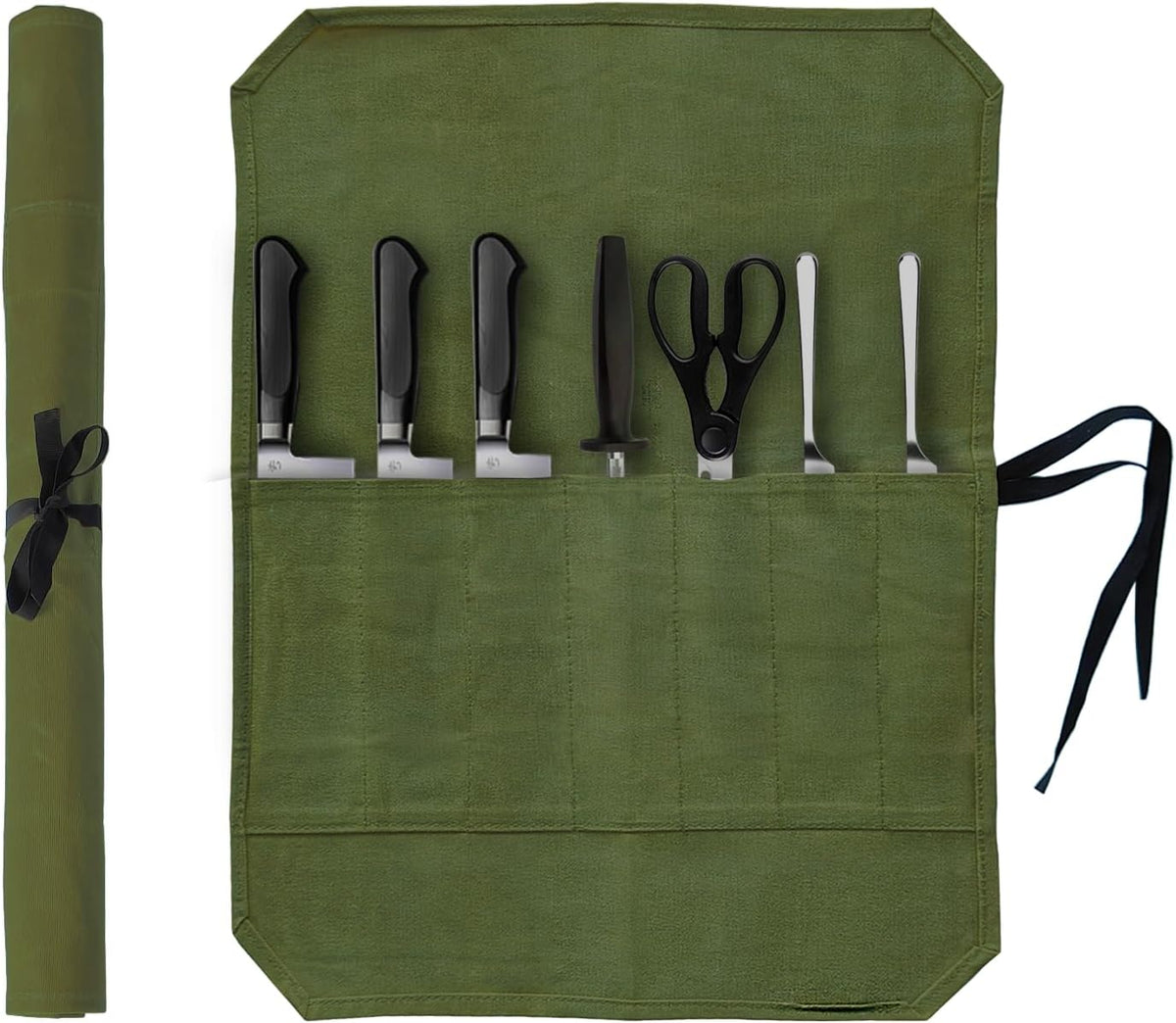 Knife Roll Bag, Waxed Canvas Chef's Knife Roll Bag with 7 Slots, Portable Knives Pouch Knife Storage Case Knife Carrier for Home Camping Picnic Chefs Cooking Lovers, Khaki(Bag Only)
