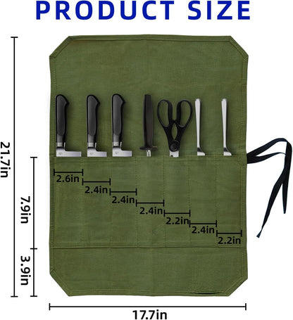 Knife Roll Bag, Waxed Canvas Chef's Knife Roll Bag with 7 Slots, Portable Knives Pouch Knife Storage Case Knife Carrier for Home Camping Picnic Chefs Cooking Lovers, Khaki(Bag Only)