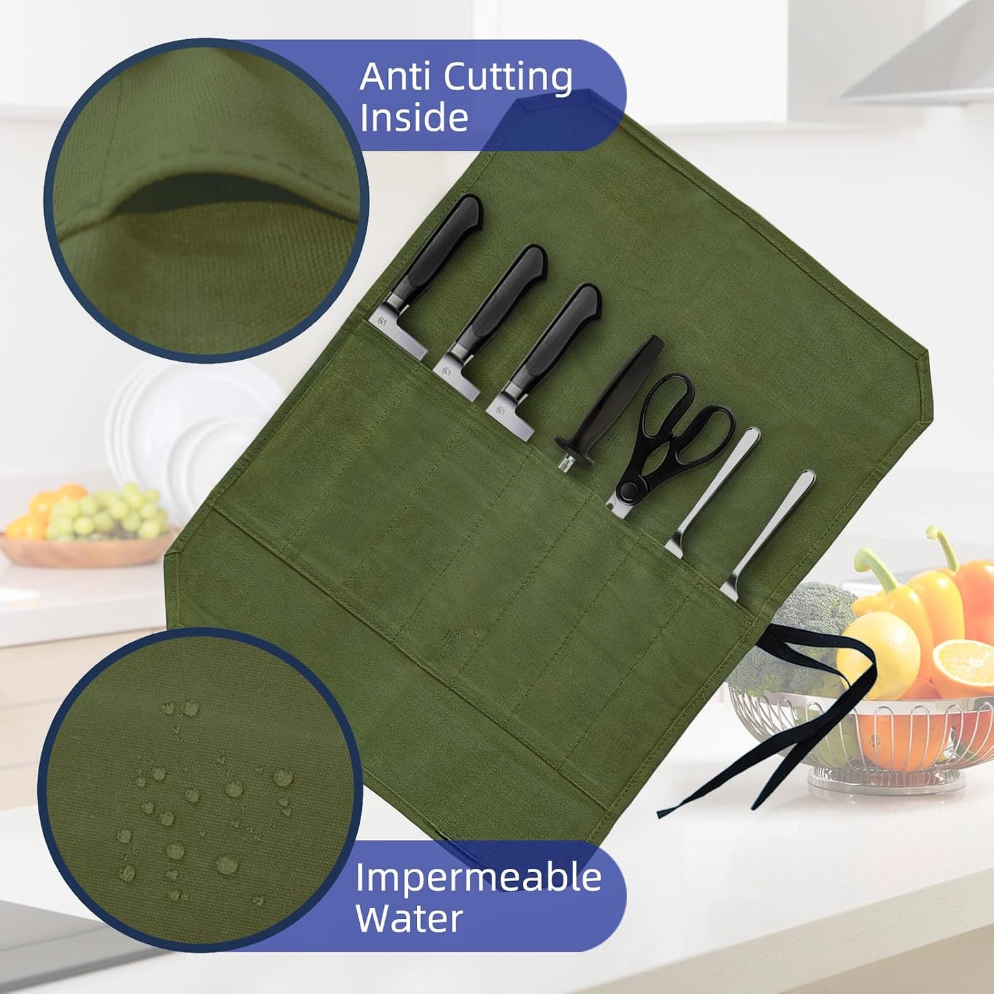 Knife Roll Bag, Waxed Canvas Chef's Knife Roll Bag with 7 Slots, Portable Knives Pouch Knife Storage Case Knife Carrier for Home Camping Picnic Chefs Cooking Lovers, Khaki(Bag Only)