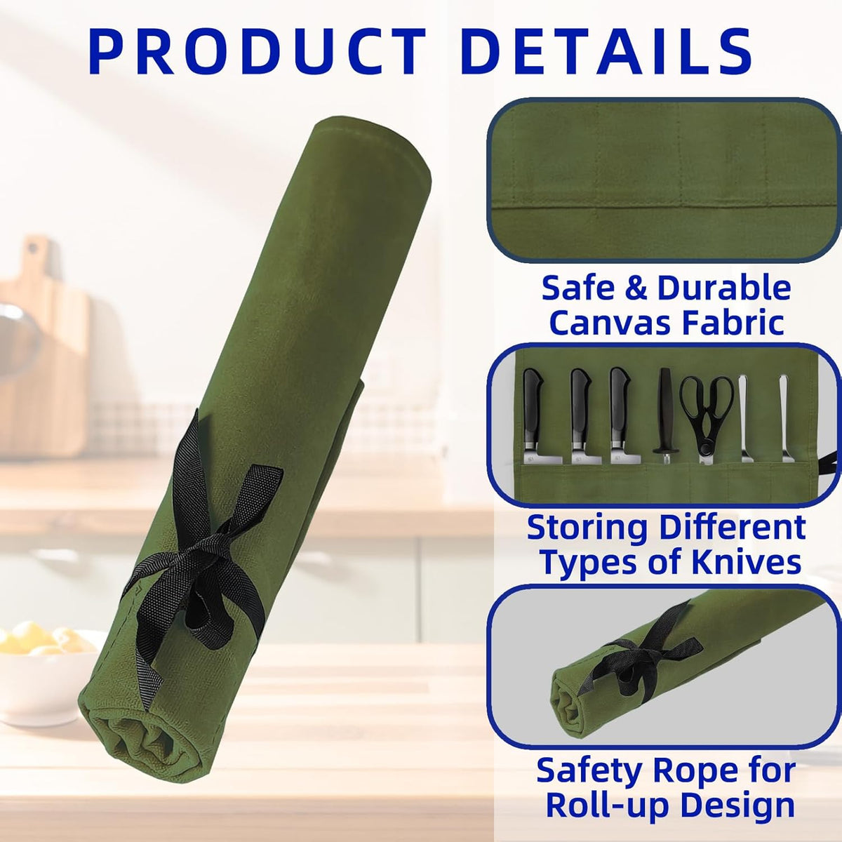 Knife Roll Bag, Waxed Canvas Chef's Knife Roll Bag with 7 Slots, Portable Knives Pouch Knife Storage Case Knife Carrier for Home Camping Picnic Chefs Cooking Lovers, Khaki(Bag Only)
