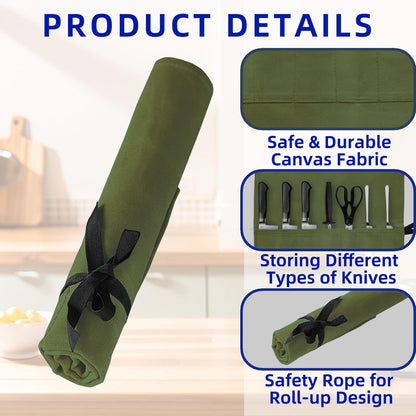 Knife Roll Bag, Waxed Canvas Chef's Knife Roll Bag with 7 Slots, Portable Knives Pouch Knife Storage Case Knife Carrier for Home Camping Picnic Chefs Cooking Lovers, Khaki(Bag Only)
