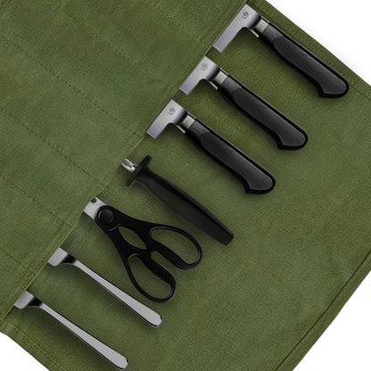 Knife Roll Bag, Waxed Canvas Chef's Knife Roll Bag with 7 Slots, Portable Knives Pouch Knife Storage Case Knife Carrier for Home Camping Picnic Chefs Cooking Lovers, Khaki(Bag Only)