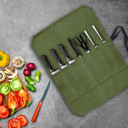 Knife Roll Bag, Waxed Canvas Chef's Knife Roll Bag with 7 Slots, Portable Knives Pouch Knife Storage Case Knife Carrier for Home Camping Picnic Chefs Cooking Lovers, Khaki(Bag Only)
